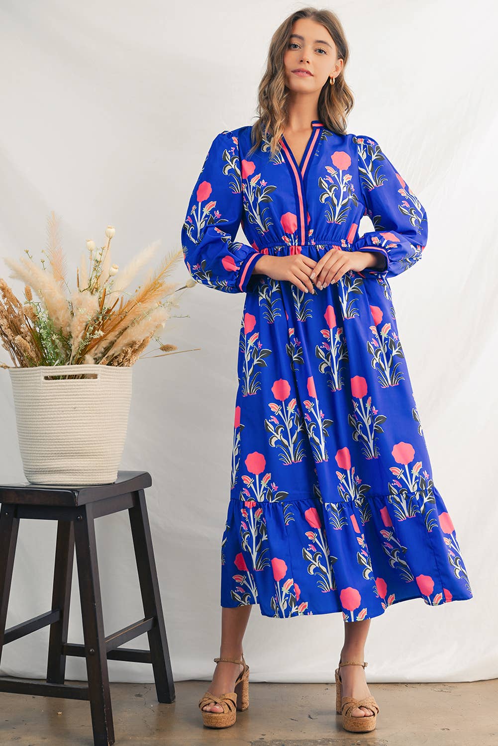 Floral  Striped Trim Long Sleeve Ruffle  Midi Dress | S-XL