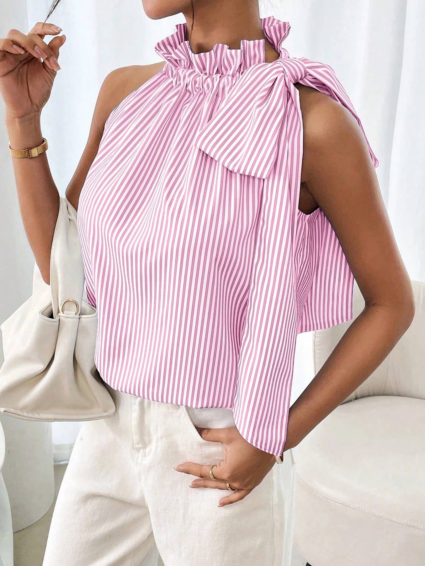 Sleeveless Striped High Neck Knot Sleeveless top