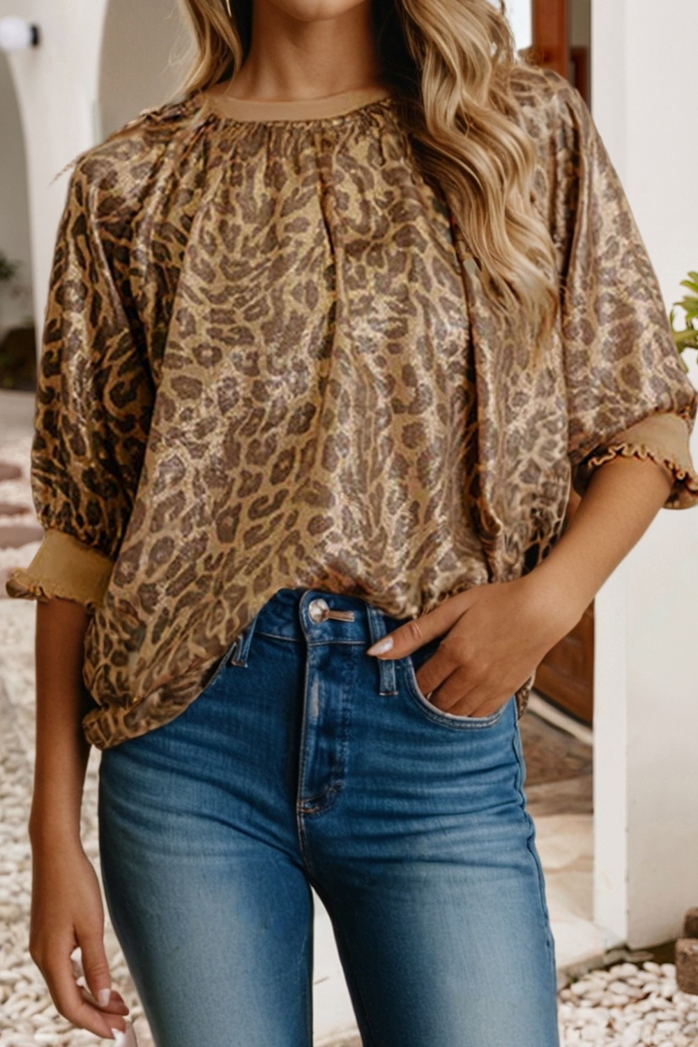 LDC Leopard Print Color Block Patchwork Half Sleeve Blouse