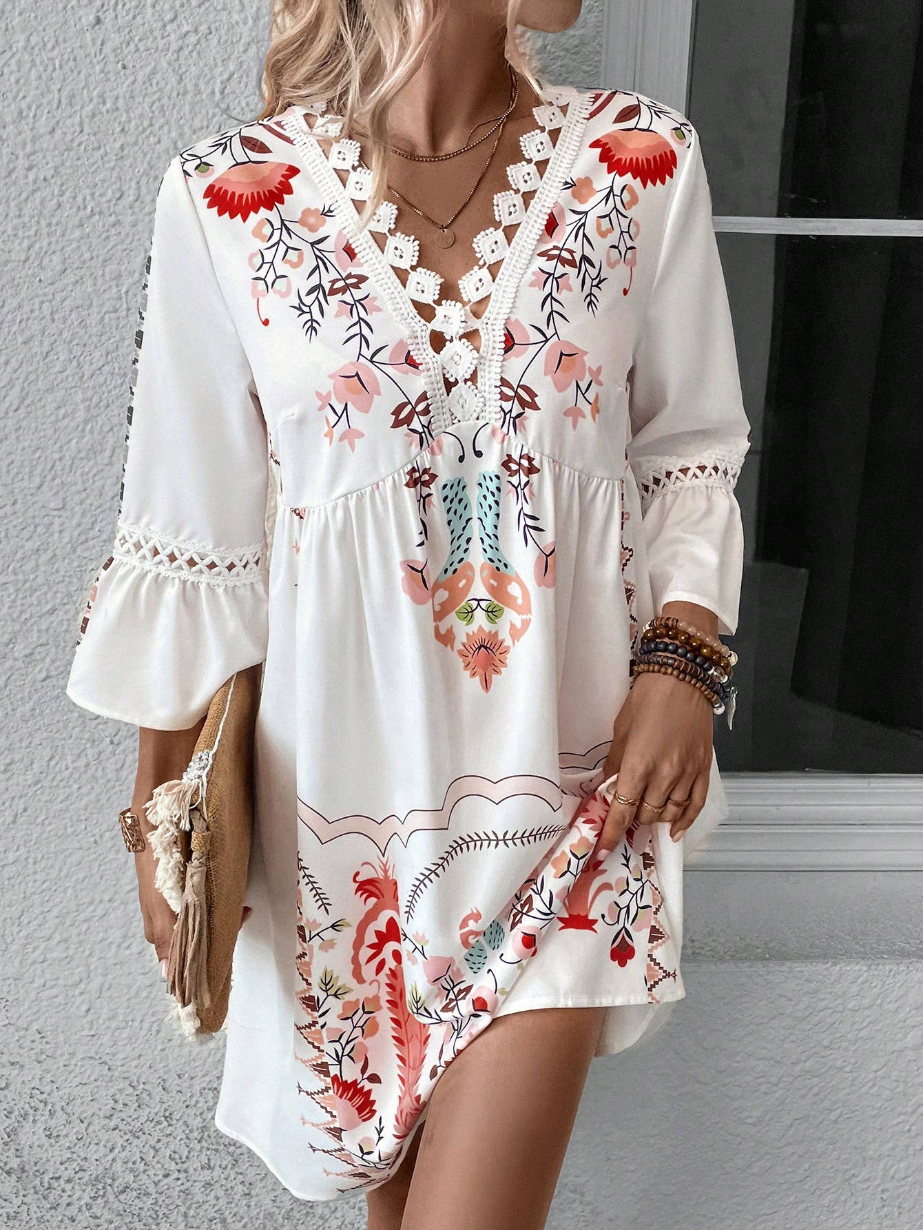 Floral Printed Lace Patchwork V-neck Summer Dress