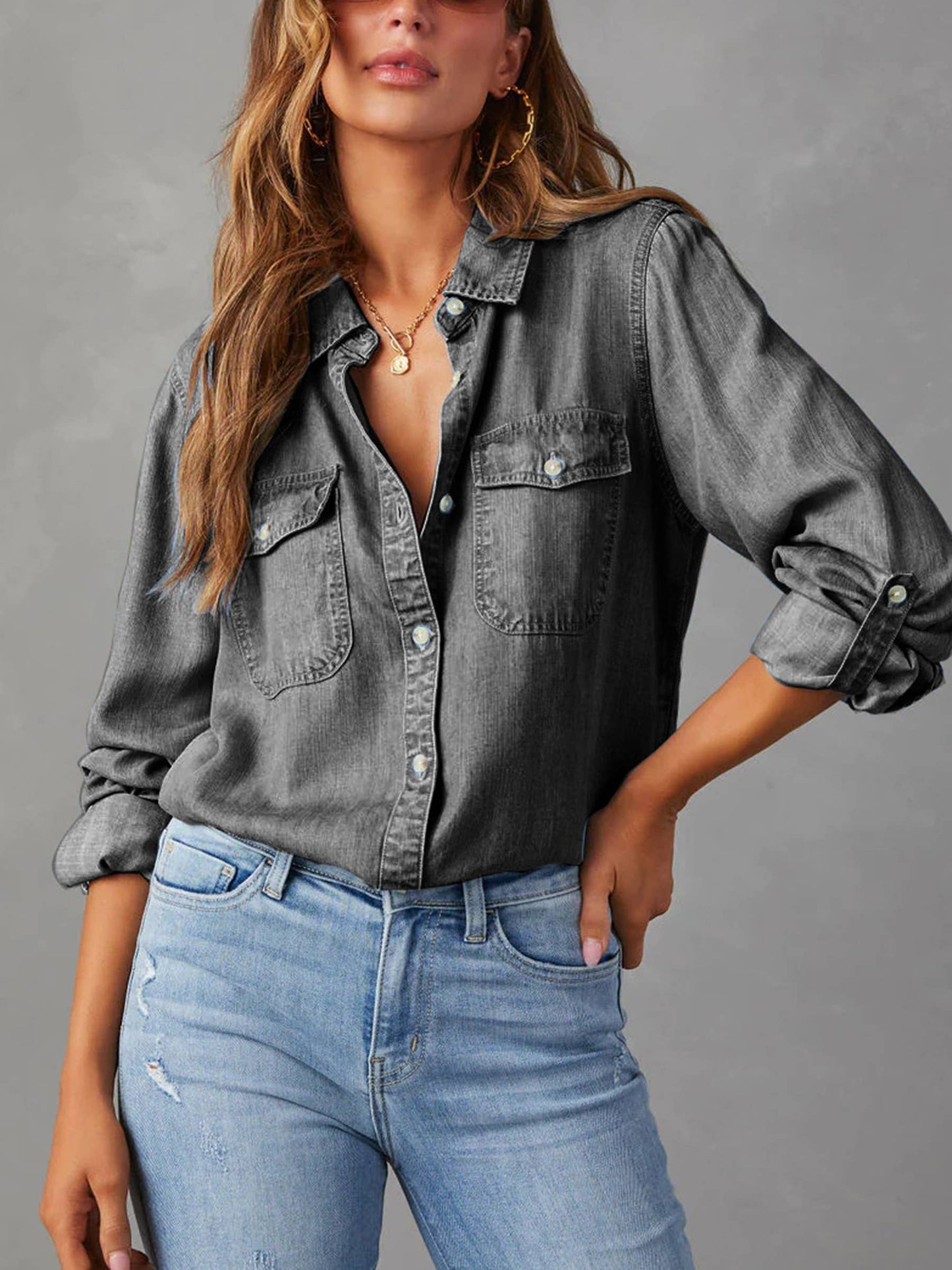 Casual Collar Button Long Sleeved Denim Top