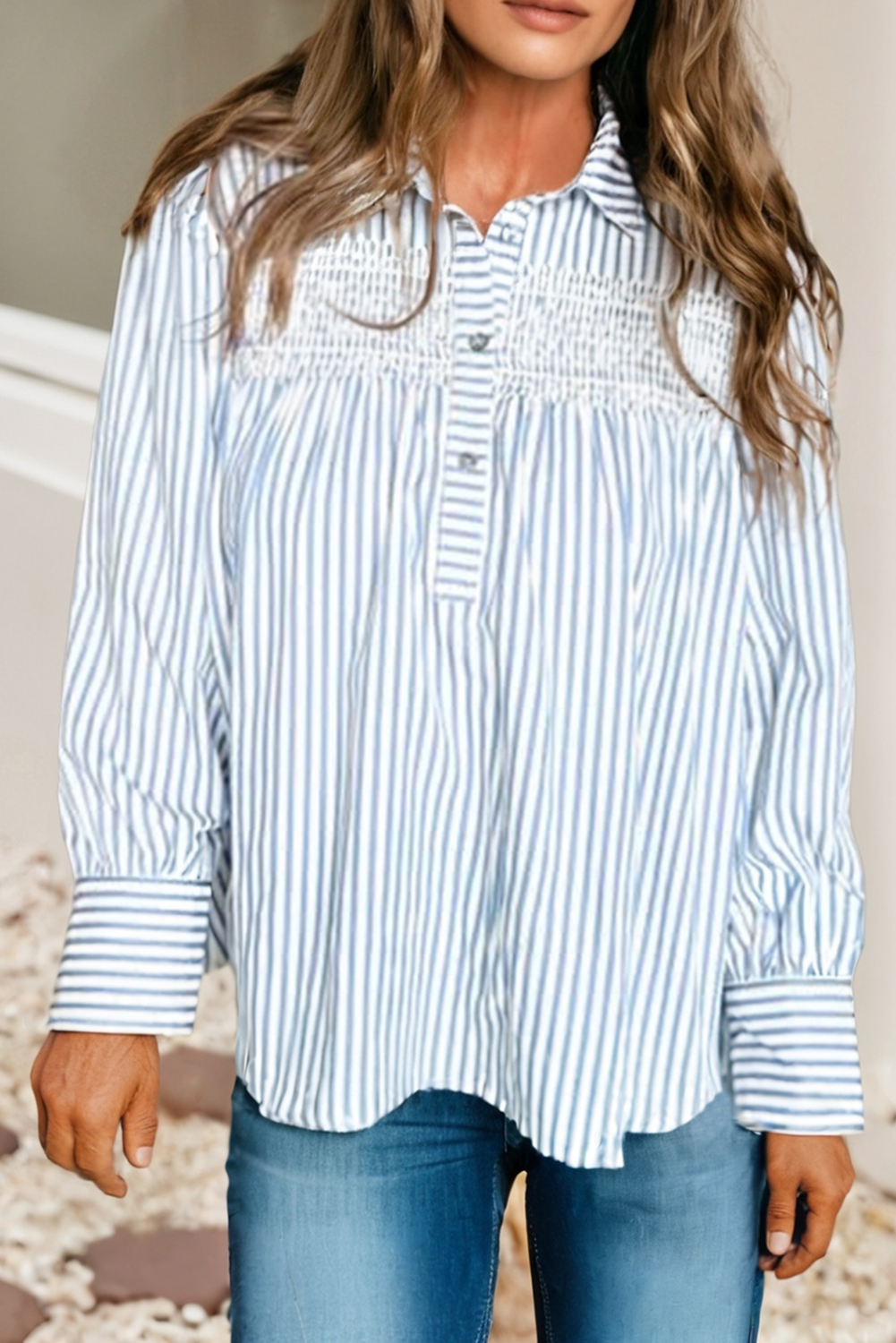 LDC Stripe Shirred Detail Half Placket Collared Fall Shirt