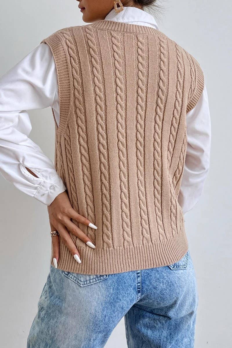 CWOV0577_V-NECK SOLID COLOR CABLE KNIT SWEATER VEST