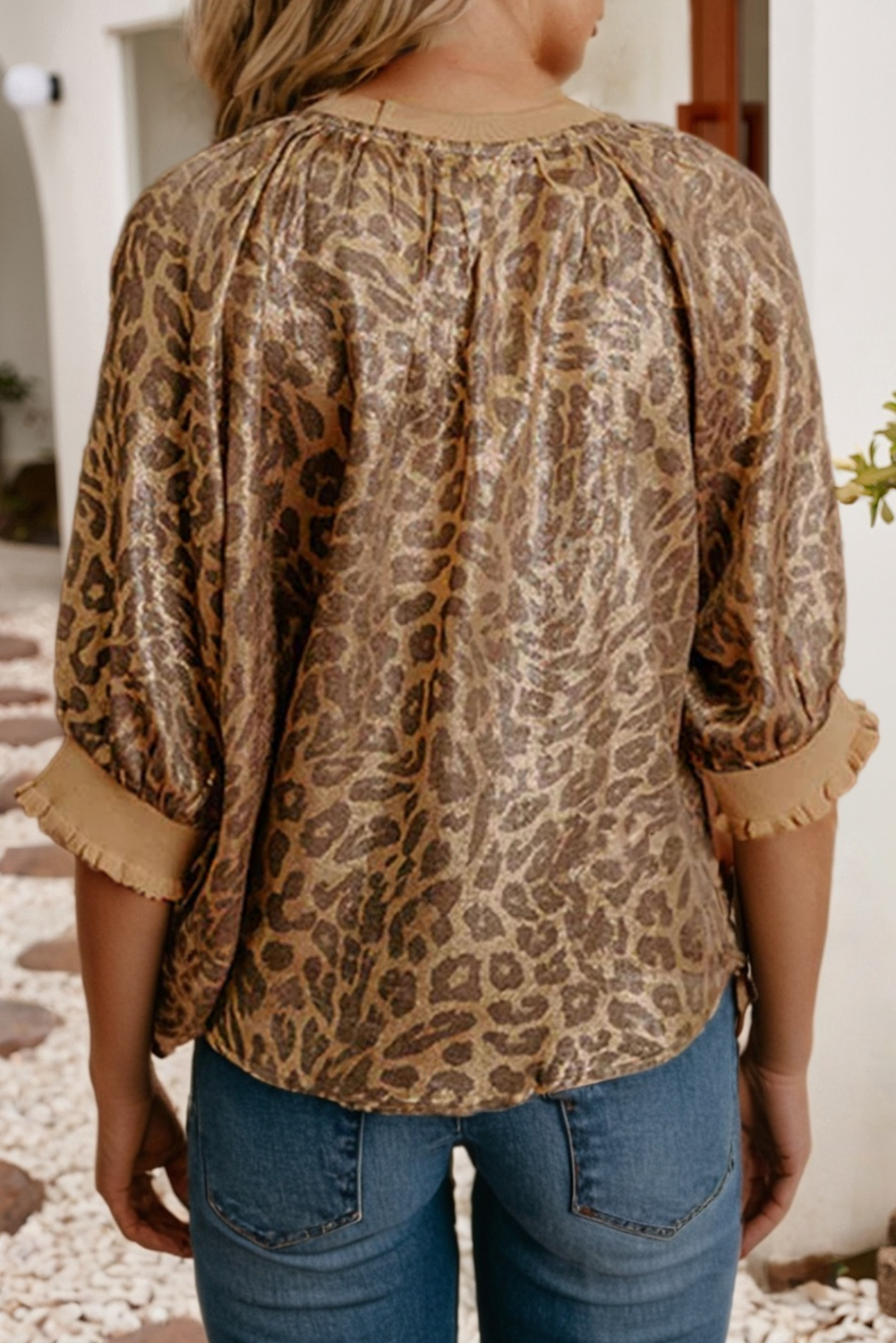 LDC Leopard Print Color Block Patchwork Half Sleeve Blouse