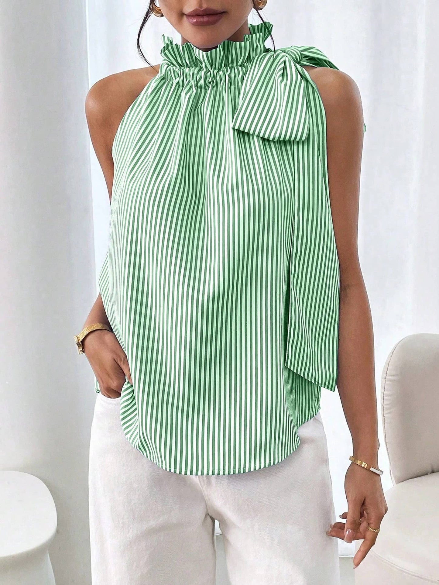 Sleeveless Striped High Neck Knot Sleeveless top