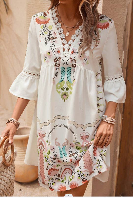 Floral Printed Lace Patchwork V-neck Summer Dress