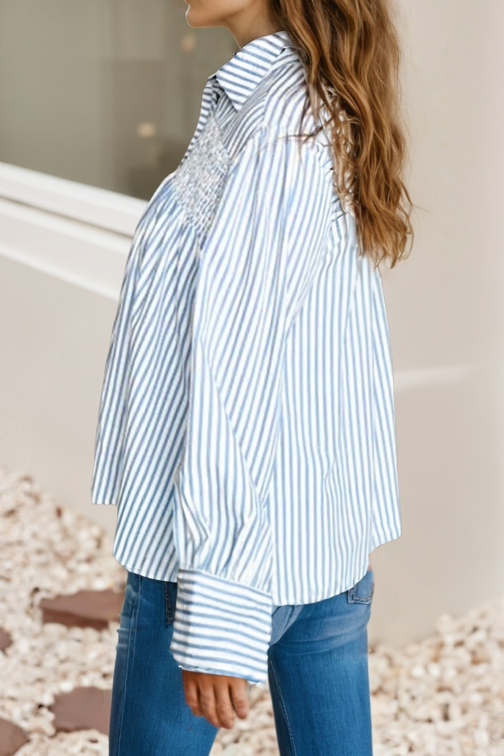 LDC Stripe Shirred Detail Half Placket Collared Fall Shirt